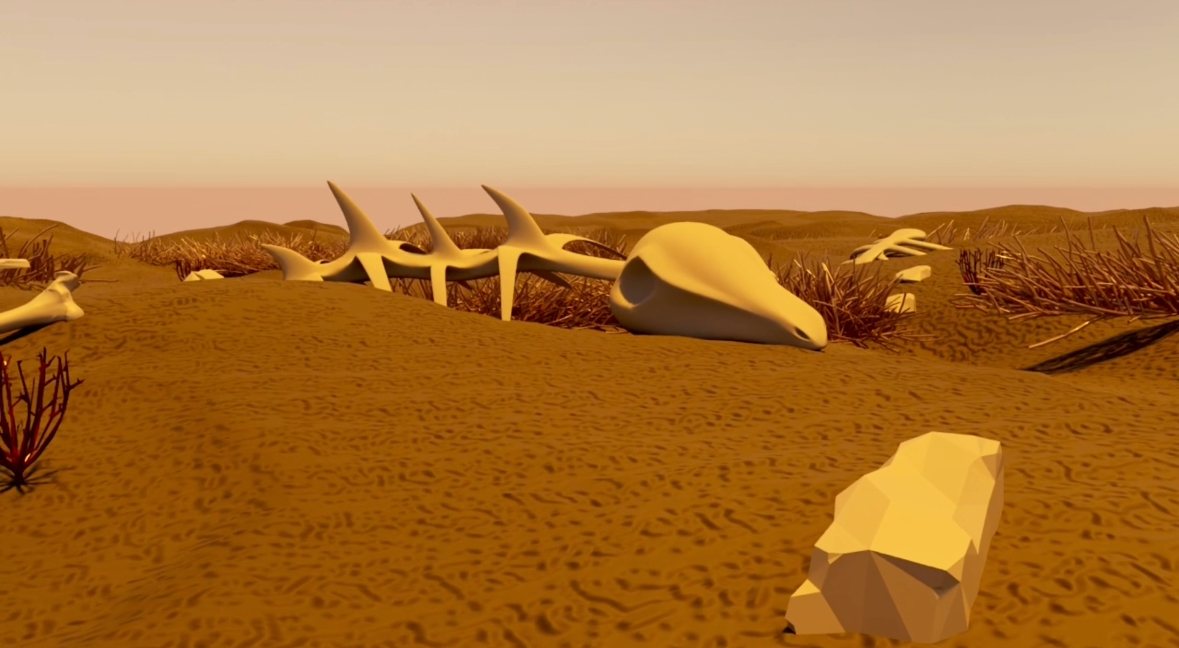Desert set with a giant skeleton half buried in sand