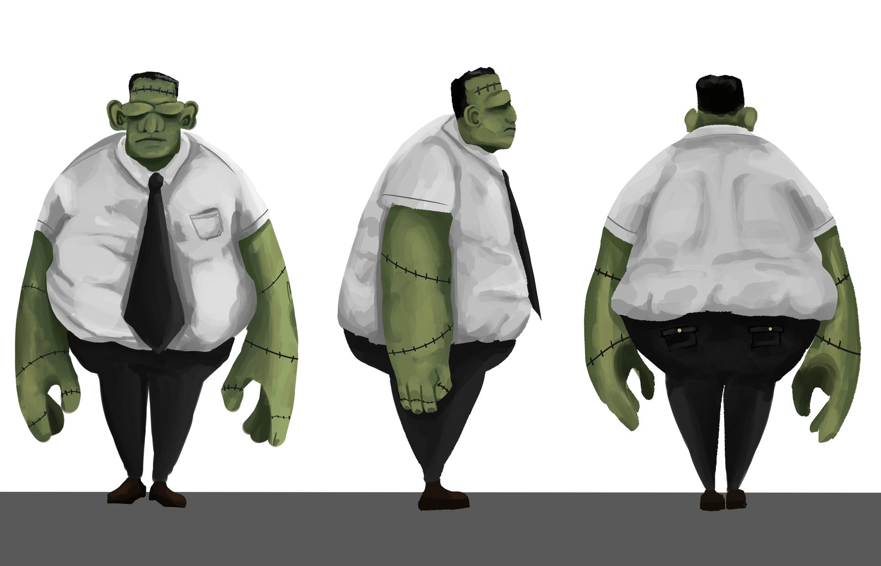 Frank character turnaround: front, side and back views