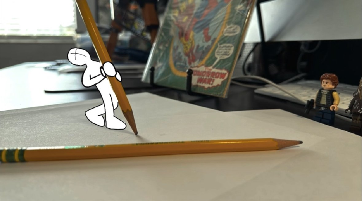 Off the Page still: a hand-drawn figure pushing a real pencil across paper