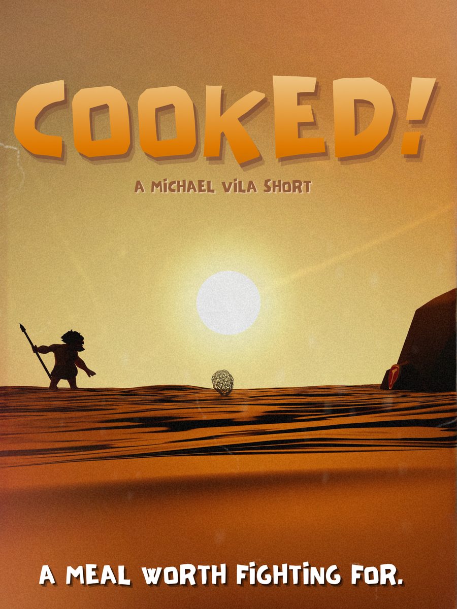 COOKED! poster: a caveman silhouette with a spear at sunset