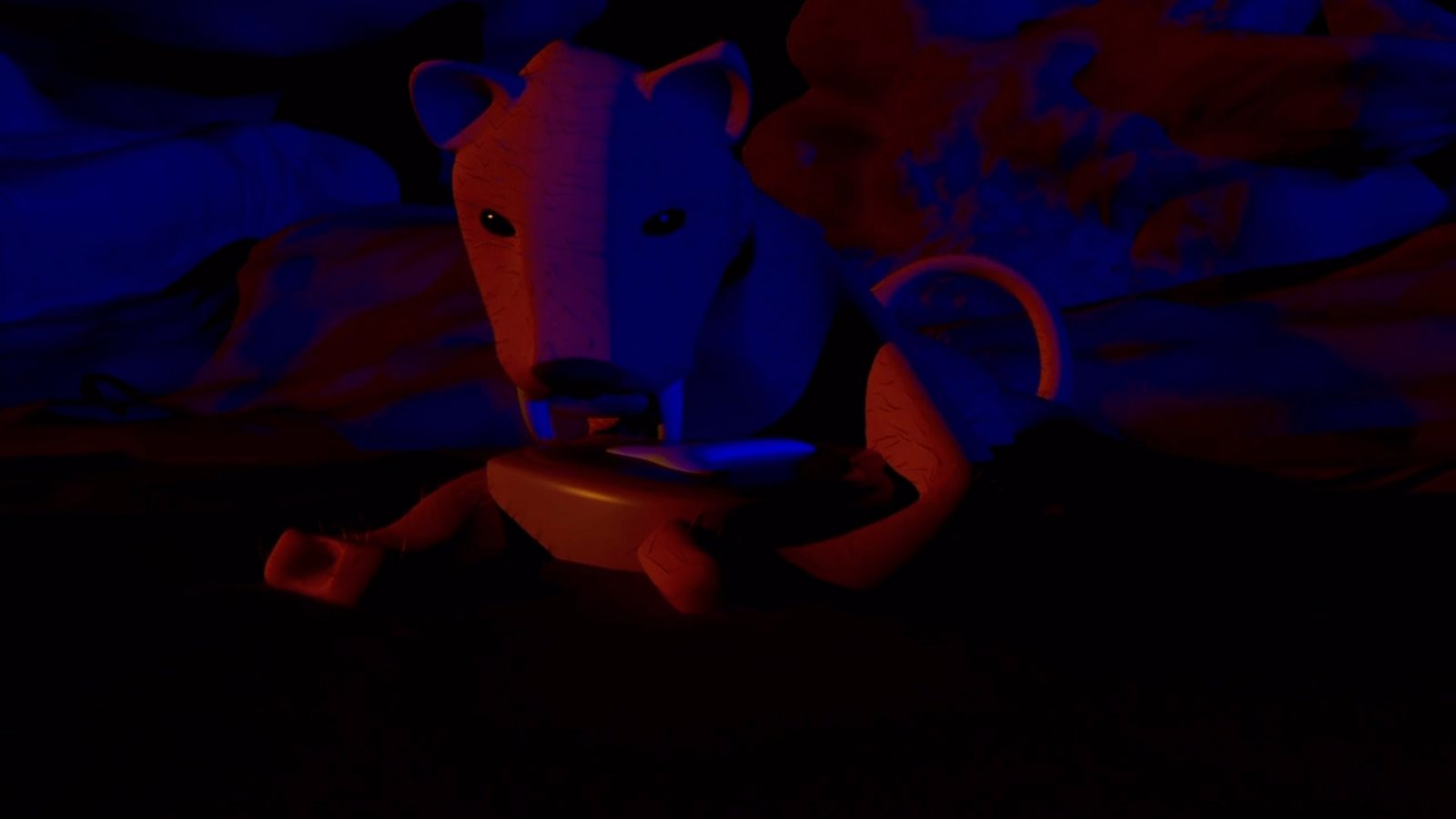 A sabertooth cat in a dark cave, lit in red and blue