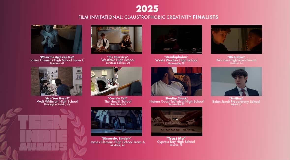 Teen Indie Awards 2025 Claustrophobic Creativity finalists board, including Stalling